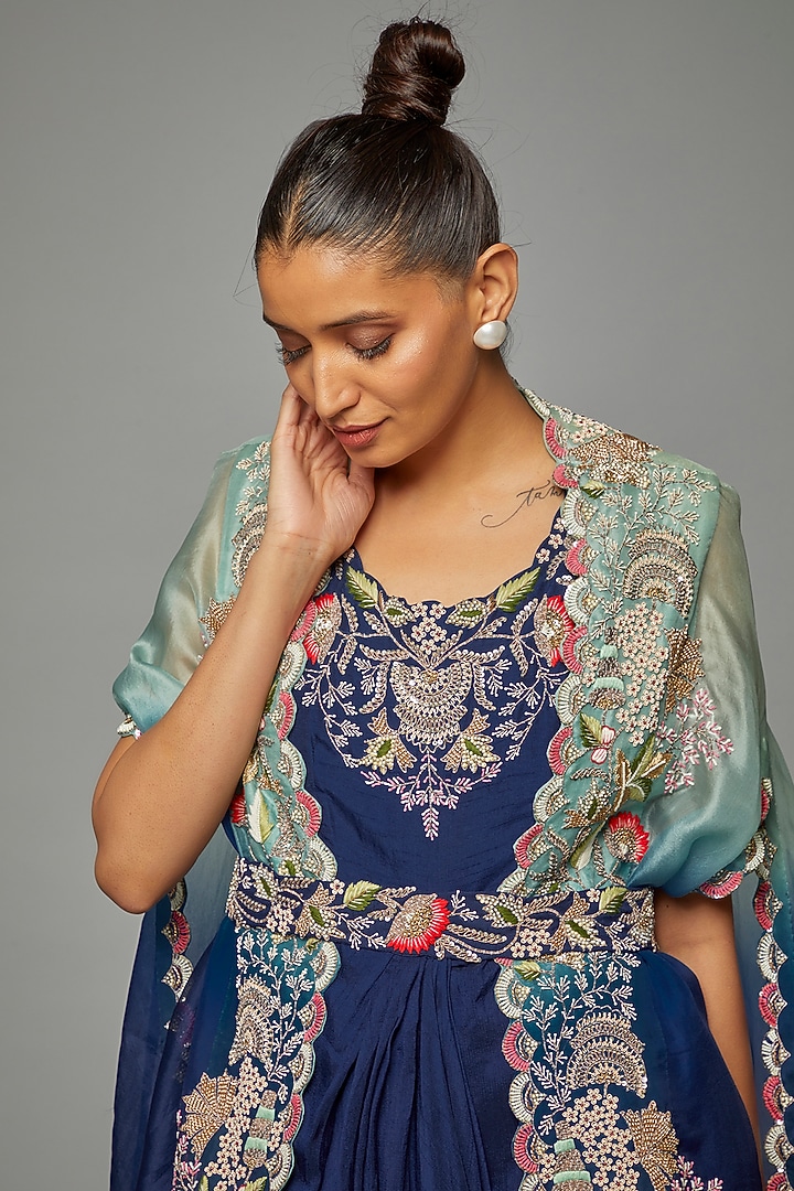 Blue Ombre Silk Embroidered Jacket Cocktail Dress by Ojasvini at Pernia's Pop Up Shop