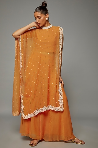 Mustard Yellow Chiffon Sharara Set by Ojasvini