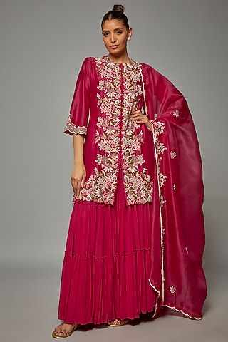 Fuchsia Pink Silk Chanderi Embroidered Kurta Set by Ojasvini