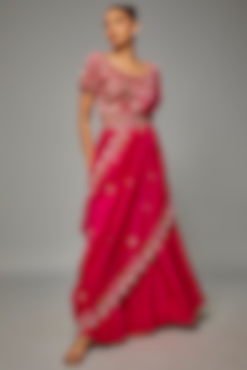 Pink Modal Satin Pre-Stitched Draped Saree Set by Ojasvini