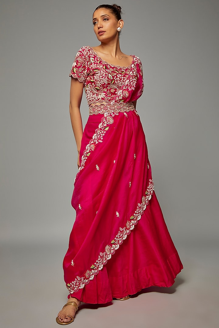 Pink Modal Satin Pre-Stitched Draped Saree Set by Ojasvini