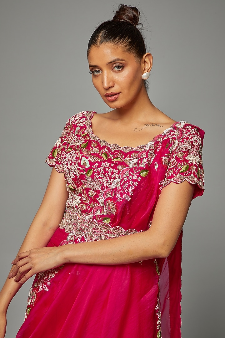 Pink Modal Satin Pre-Stitched Draped Wedding Saree Set by Ojasvini at Pernia's Pop Up Shop