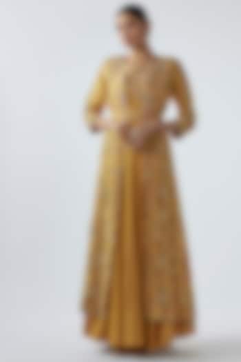 Yellow Pure Organza & Silk Crepe Embroidered Jacket Set by Ojasvini at Pernia's Pop Up Shop