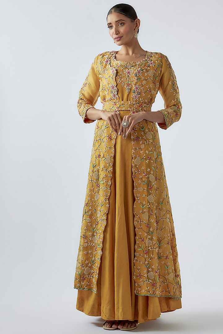 Yellow Pure Organza & Silk Crepe Embroidered Jacket Set by Ojasvini at Pernia's Pop Up Shop