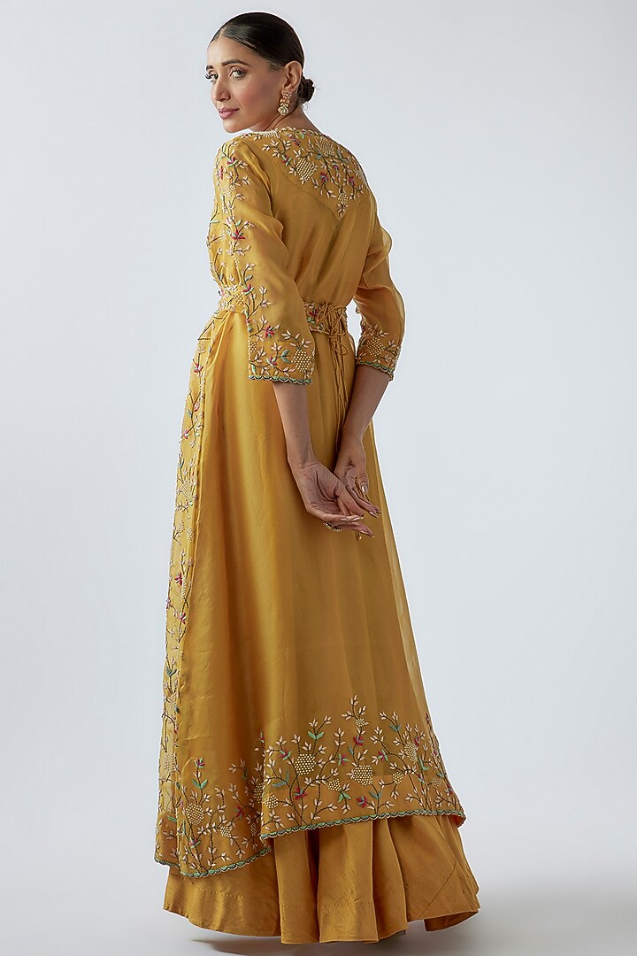 Yellow Pure Organza & Silk Crepe Embroidered Jacket Set by Ojasvini at Pernia's Pop Up Shop