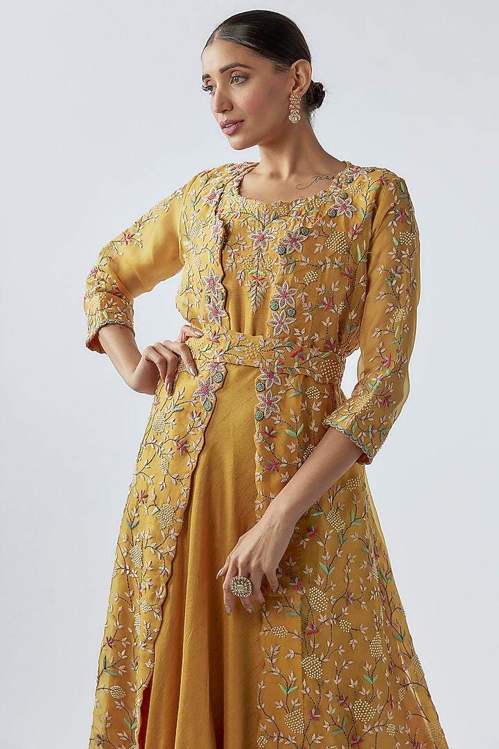 Yellow Pure Organza & Silk Crepe Embroidered Jacket Set by Ojasvini at Pernia's Pop Up Shop