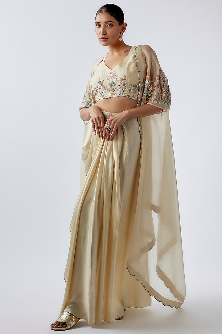 Ivory Pure Organza & Heavy Satin Embroidered Cape Set by Ojasvini