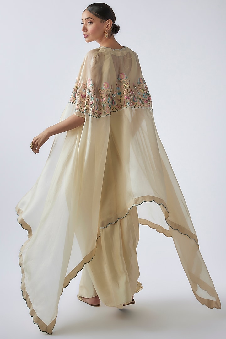 Ivory Pure Organza & Heavy Satin Embroidered Cape Set by Ojasvini at Pernia's Pop Up Shop