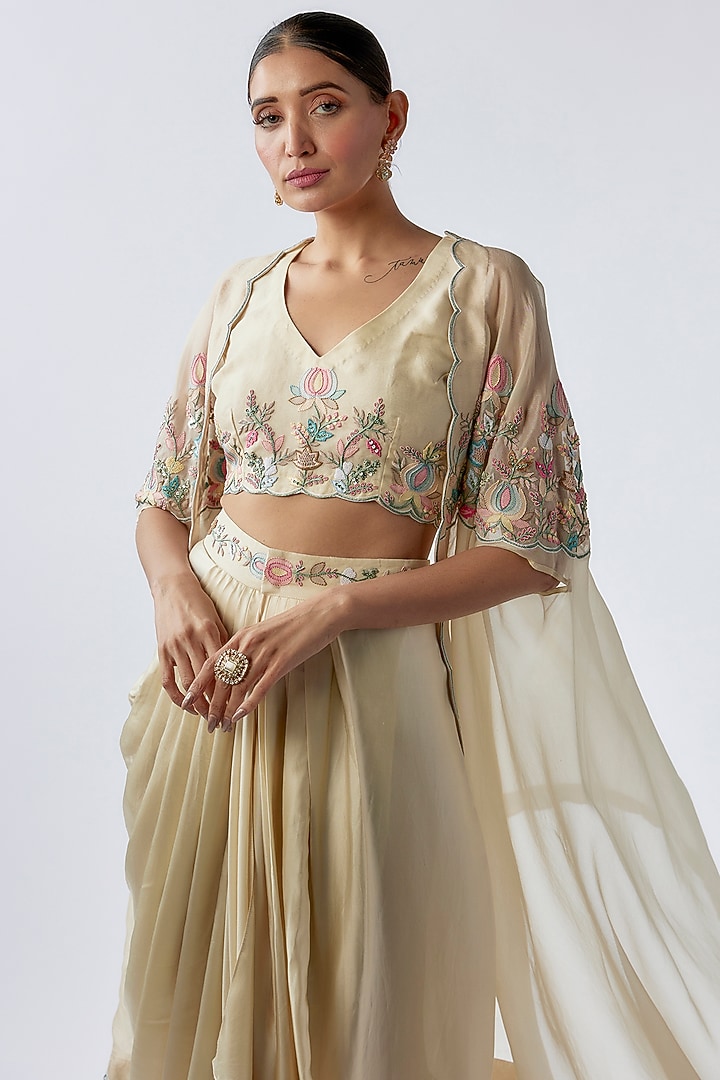 Ivory Pure Organza & Heavy Satin Embroidered Cape Set by Ojasvini at Pernia's Pop Up Shop