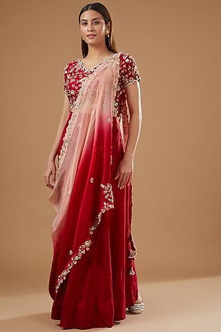Red Silk Organza Hand Embroidered Lehenga Set by Ojasvini
