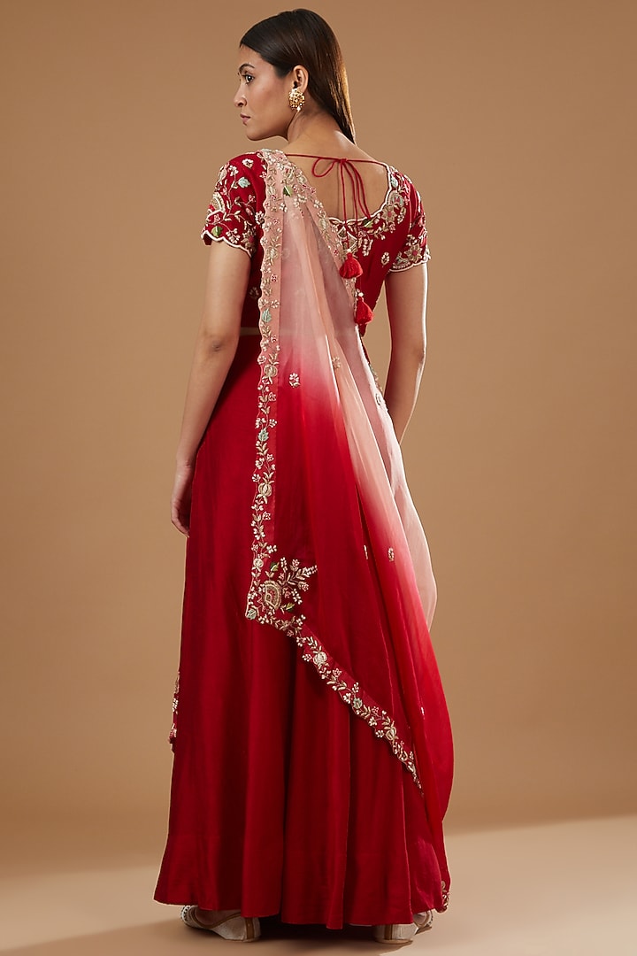 Red Silk Organza Hand Embroidered Wedding Lehenga Set by Ojasvini at Pernia's Pop Up Shop