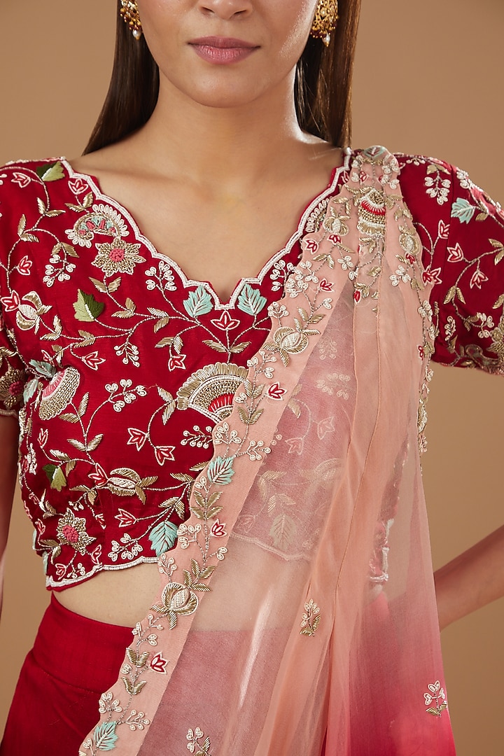 Red Silk Organza Hand Embroidered Wedding Lehenga Set by Ojasvini at Pernia's Pop Up Shop