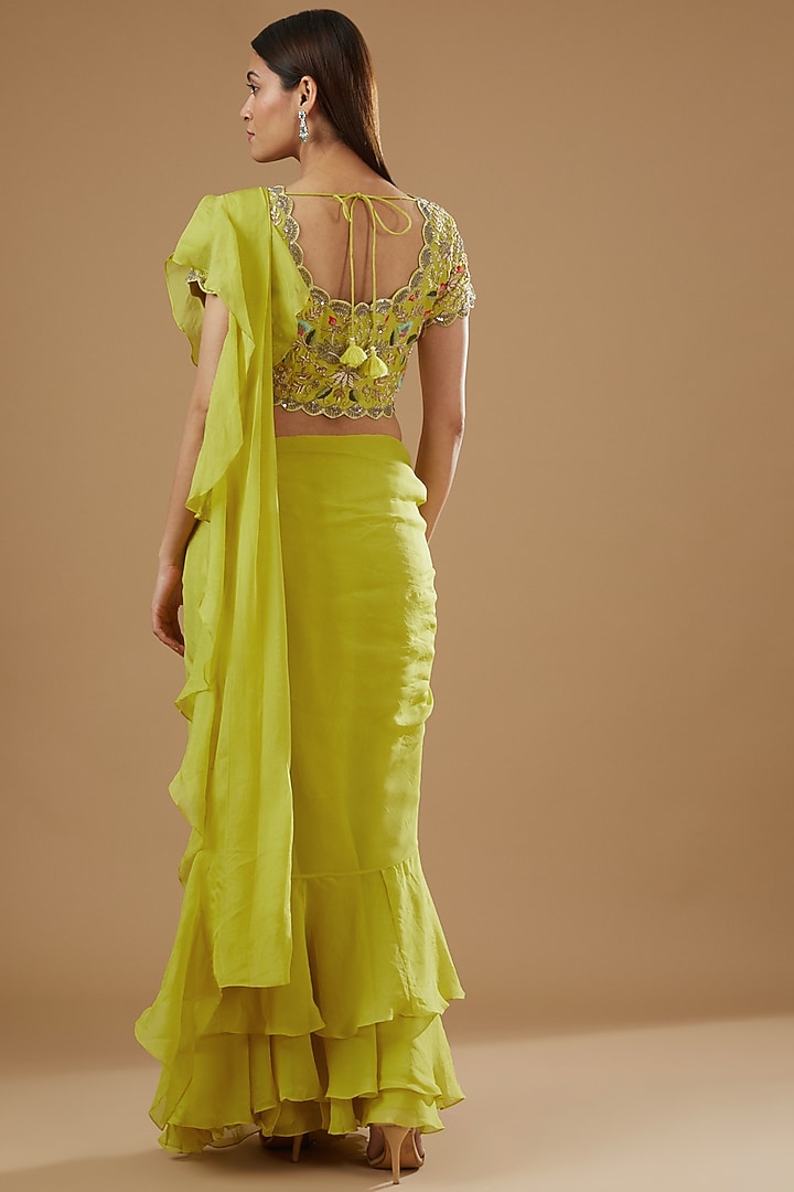 Lime Green Satin Organza Hand Embroidered Draped Wedding Saree Set by Ojasvini at Pernia's Pop Up Shop