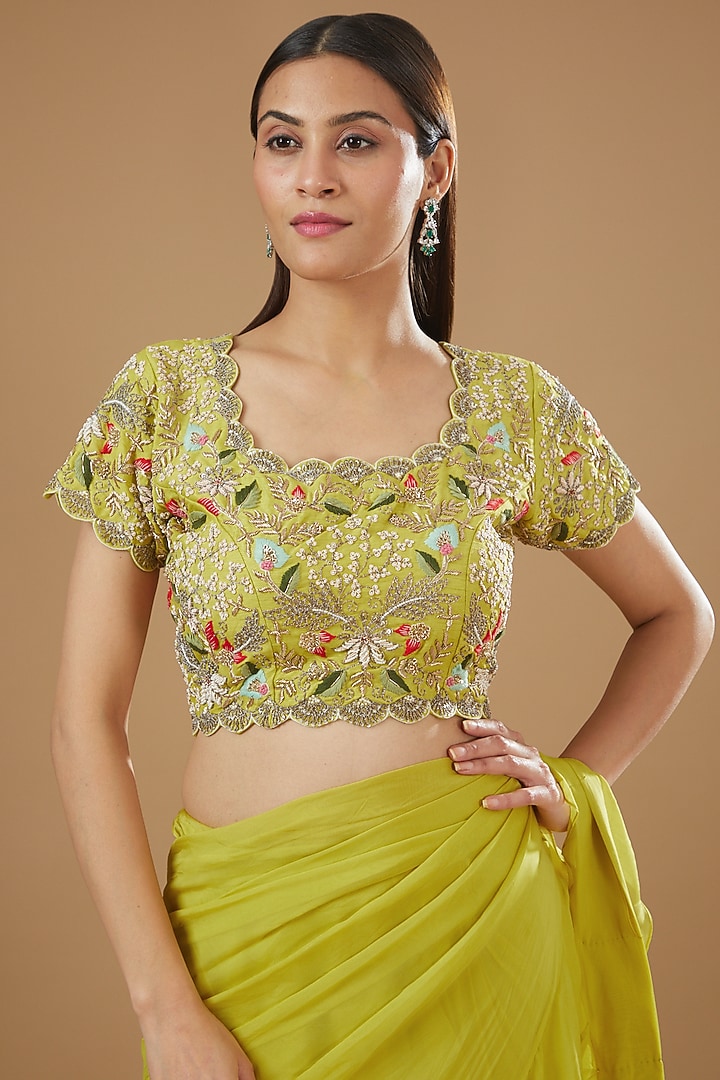 Lime Green Satin Organza Hand Embroidered Draped Wedding Saree Set by Ojasvini at Pernia's Pop Up Shop