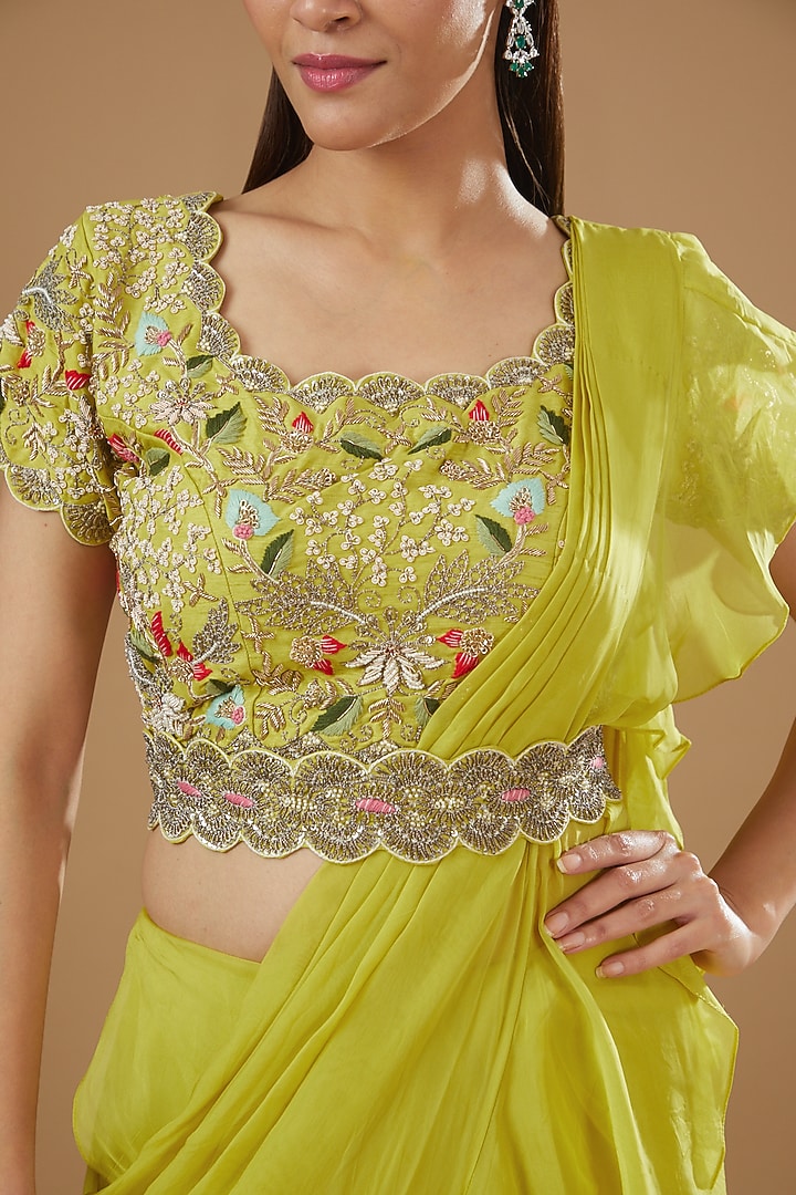 Lime Green Satin Organza Hand Embroidered Draped Wedding Saree Set by Ojasvini at Pernia's Pop Up Shop