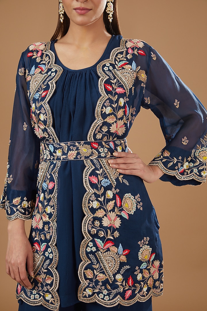 Blue Chiffon Wedding Sharara Set by Ojasvini at Pernia's Pop Up Shop