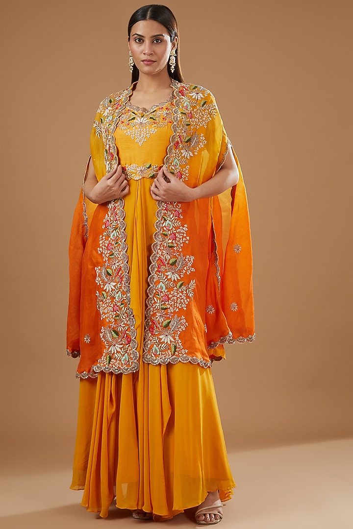 Orange Georgette Hand Embroidered Wedding Anarkali Set by Ojasvini at Pernia's Pop Up Shop