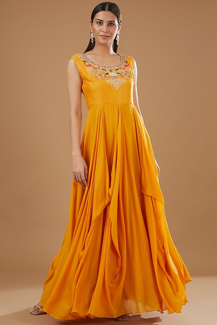 Orange Georgette Hand Embroidered Wedding Anarkali Set by Ojasvini at Pernia's Pop Up Shop