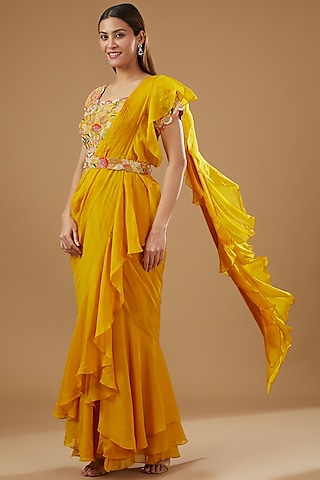 Yellow Satin Organza Draped Saree Set by Ojasvini