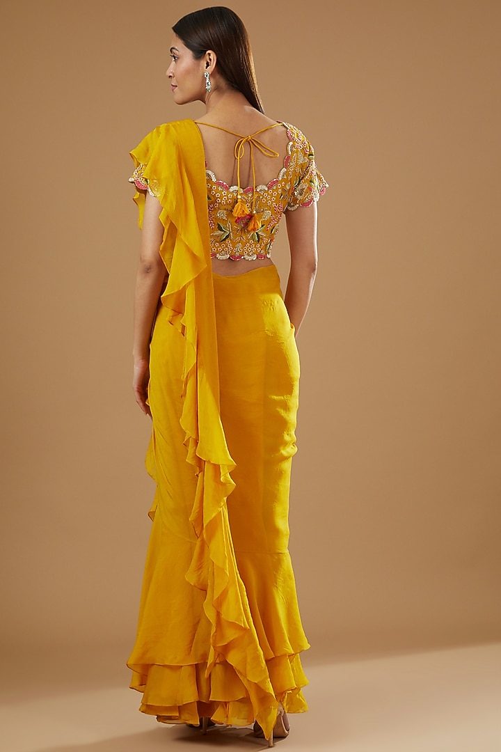 Yellow Satin Organza Draped Wedding Saree Set by Ojasvini at Pernia's Pop Up Shop
