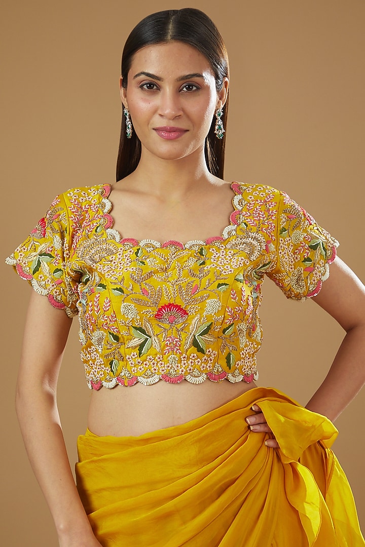Yellow Satin Organza Draped Wedding Saree Set by Ojasvini at Pernia's Pop Up Shop