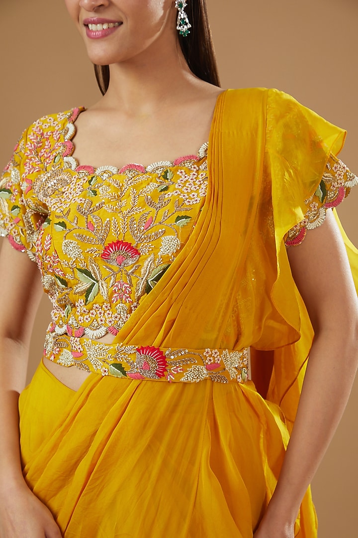 Yellow Satin Organza Draped Wedding Saree Set by Ojasvini at Pernia's Pop Up Shop
