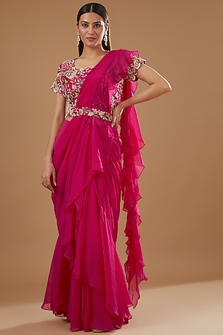 Fuchsia Satin Organza Draped Saree Set by Ojasvini