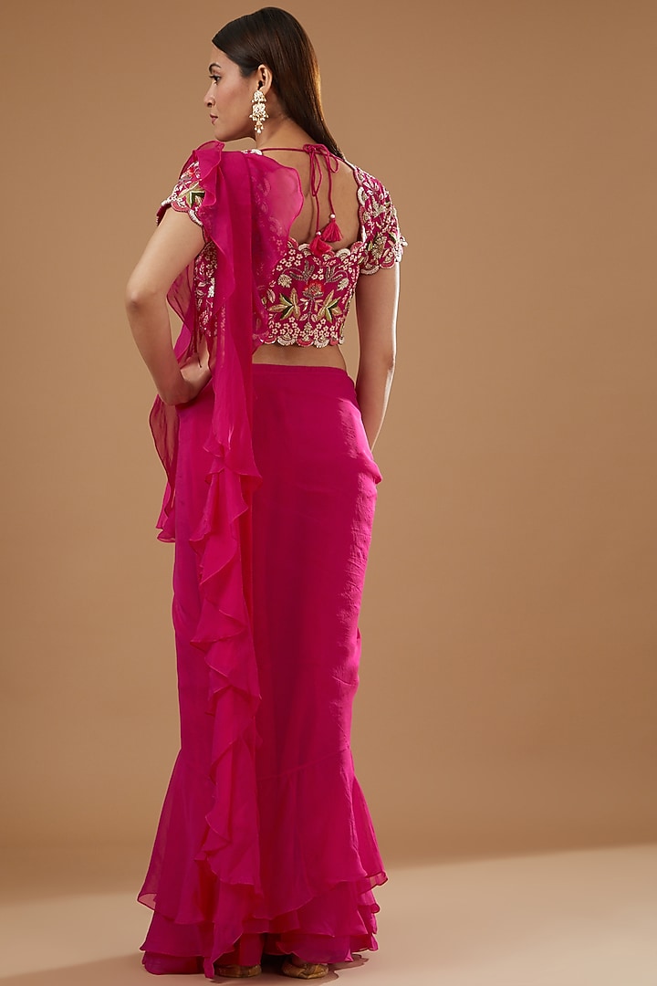 Fuchsia Satin Organza Draped Wedding Saree Set by Ojasvini at Pernia's Pop Up Shop