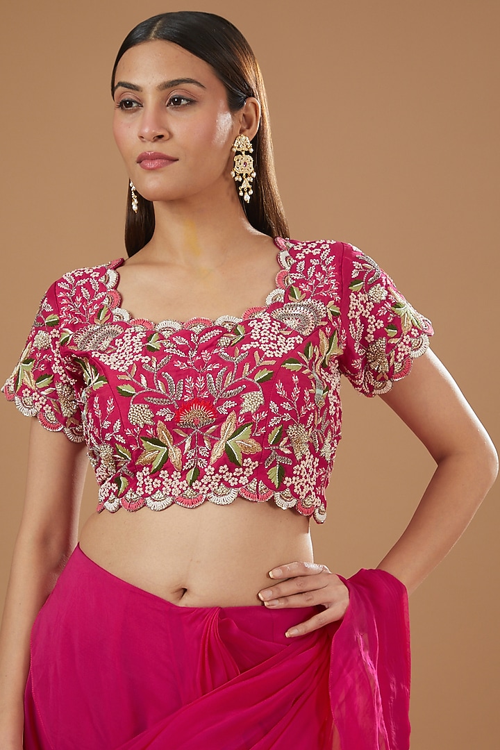 Fuchsia Satin Organza Draped Wedding Saree Set by Ojasvini at Pernia's Pop Up Shop