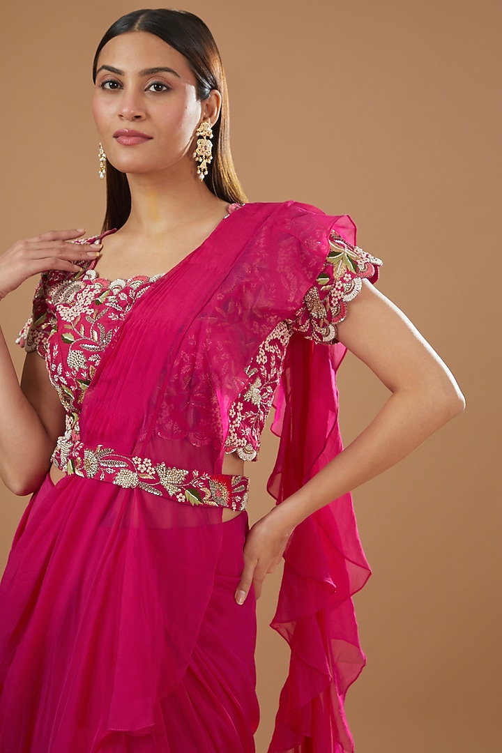 Fuchsia Satin Organza Draped Wedding Saree Set by Ojasvini at Pernia's Pop Up Shop