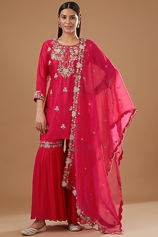 Red Silk Chanderi Hand Embroidered Sharara Set by Ojasvini