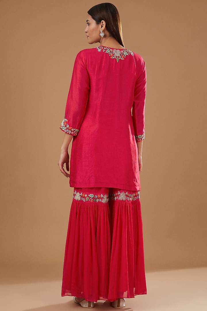 Red Silk Chanderi Hand Embroidered Wedding Sharara Set by Ojasvini at Pernia's Pop Up Shop