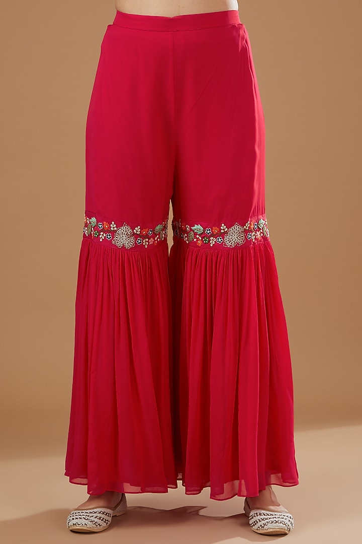 Red Silk Chanderi Hand Embroidered Wedding Sharara Set by Ojasvini at Pernia's Pop Up Shop
