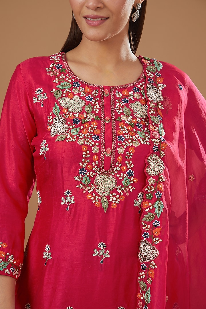 Red Silk Chanderi Hand Embroidered Wedding Sharara Set by Ojasvini at Pernia's Pop Up Shop