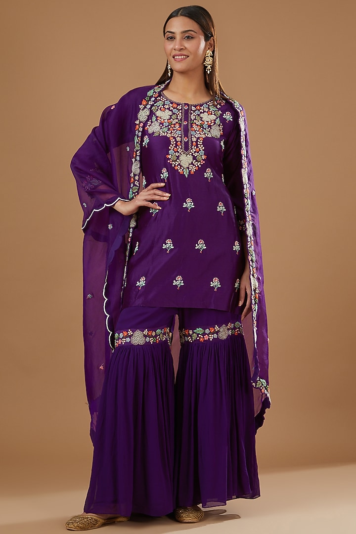 Purple Silk Chanderi Hand Embroidered Wedding Sharara Set by Ojasvini at Pernia's Pop Up Shop