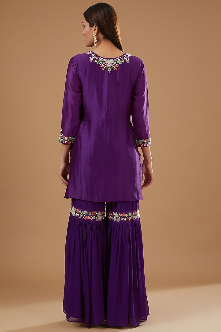 Purple Silk Chanderi Hand Embroidered Wedding Sharara Set by Ojasvini at Pernia's Pop Up Shop