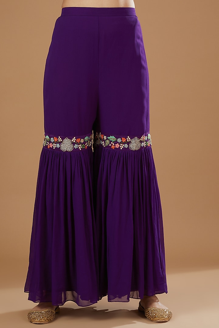 Purple Silk Chanderi Hand Embroidered Wedding Sharara Set by Ojasvini at Pernia's Pop Up Shop