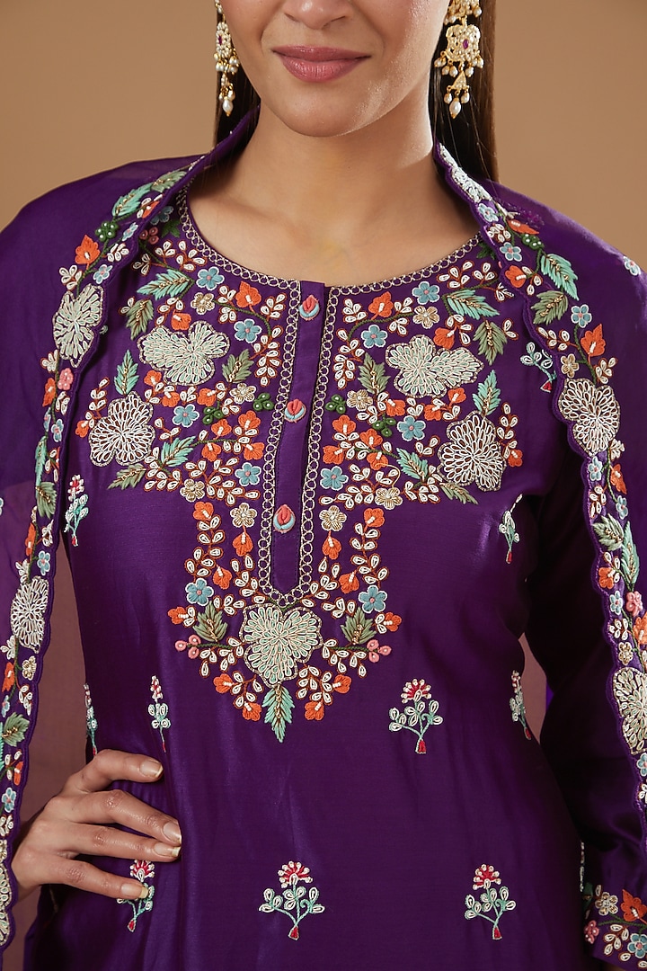 Purple Silk Chanderi Hand Embroidered Wedding Sharara Set by Ojasvini at Pernia's Pop Up Shop