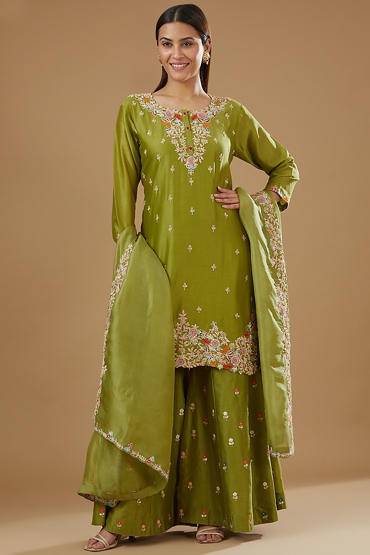 Mehendi Green Silk Chanderi Hand Embroidered Sharara Set by Ojasvini