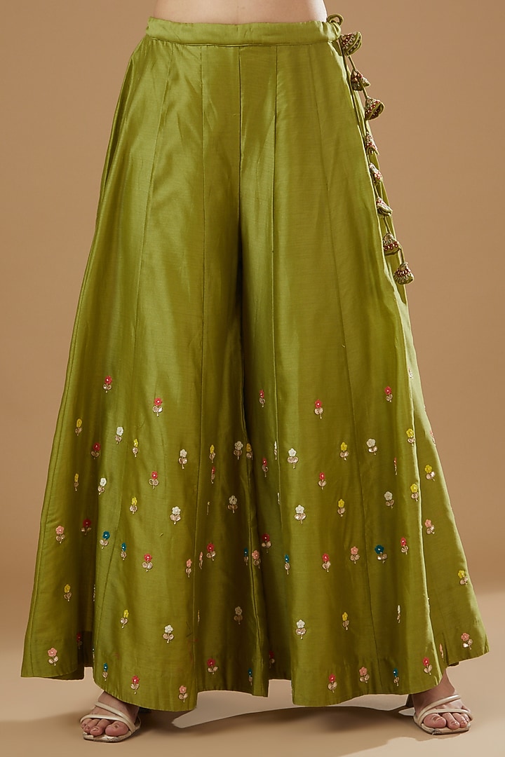 Mehendi Green Silk Chanderi Hand Embroidered Wedding Sharara Set by Ojasvini at Pernia's Pop Up Shop