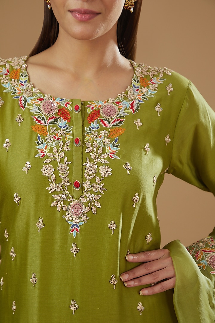 Mehendi Green Silk Chanderi Hand Embroidered Wedding Sharara Set by Ojasvini at Pernia's Pop Up Shop