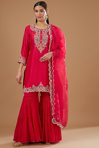 Red Georgette & Silk Chanderi Sharara Set by Ojasvini