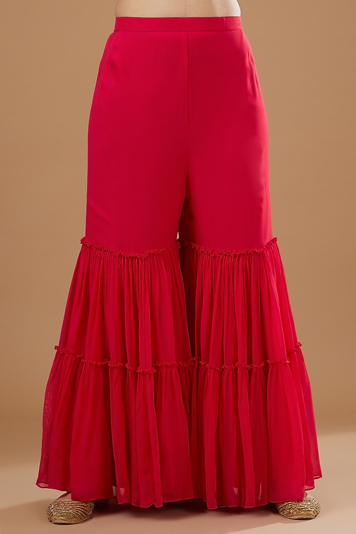 Red Georgette & Silk Chanderi Wedding Sharara Set by Ojasvini at Pernia's Pop Up Shop