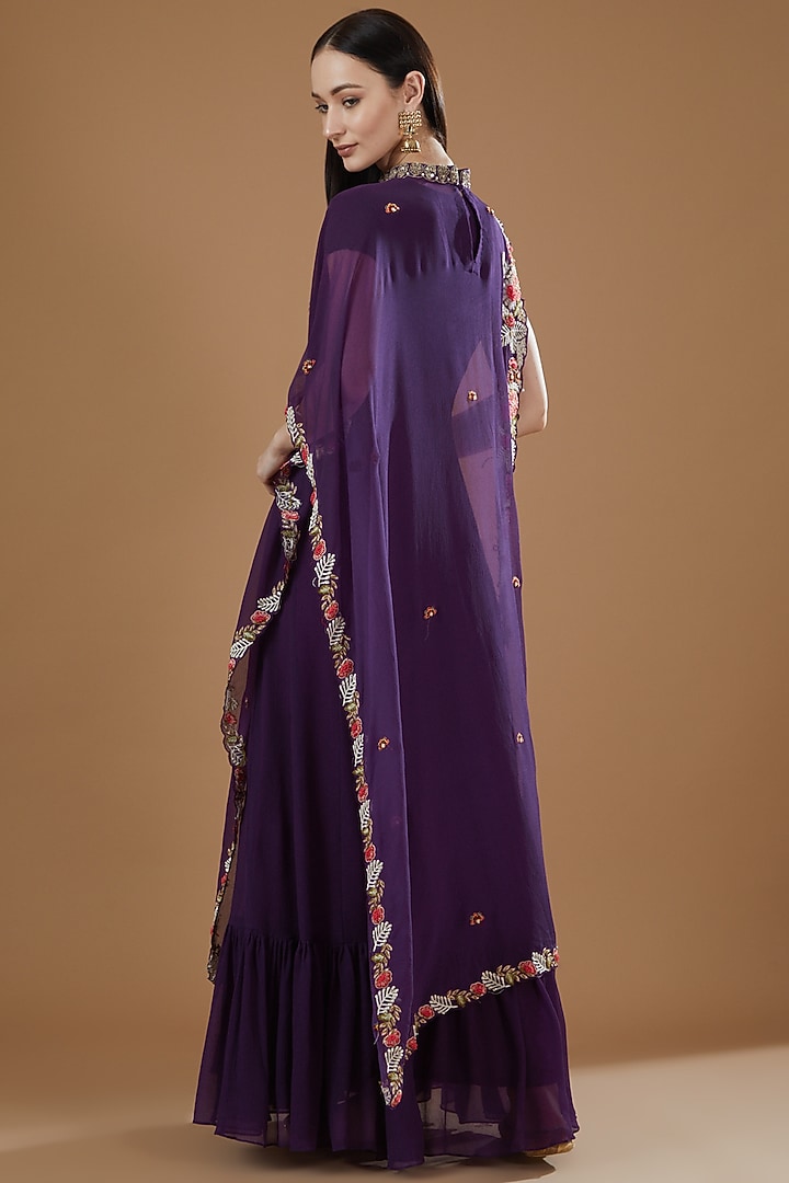 Purple Chiffon Hand Embroidered Party Wear Anarkali With Cape by Ojasvini at Pernia's Pop Up Shop