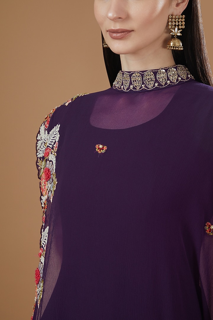 Purple Chiffon Hand Embroidered Party Wear Anarkali With Cape by Ojasvini at Pernia's Pop Up Shop