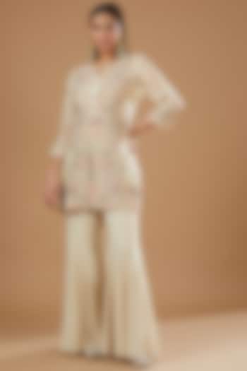 Ivory Organza Hand Embroidered Jacket Set by Ojasvini at Pernia's Pop Up Shop