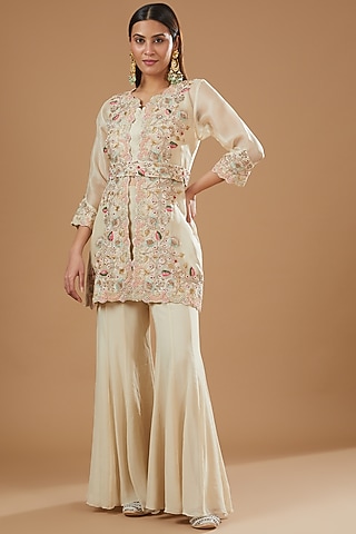 Ivory Organza Hand Embroidered Jacket Set by Ojasvini