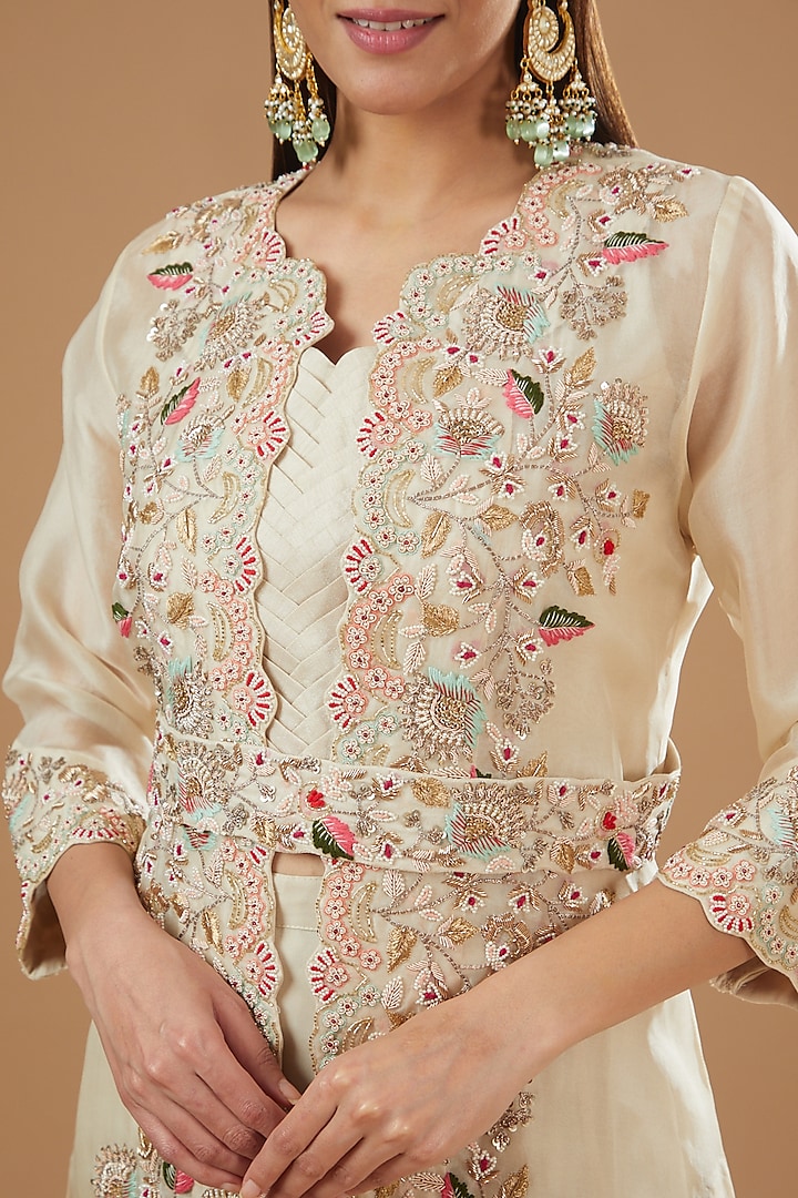 Ivory Organza Hand Embroidered Jacket Set by Ojasvini at Pernia's Pop Up Shop