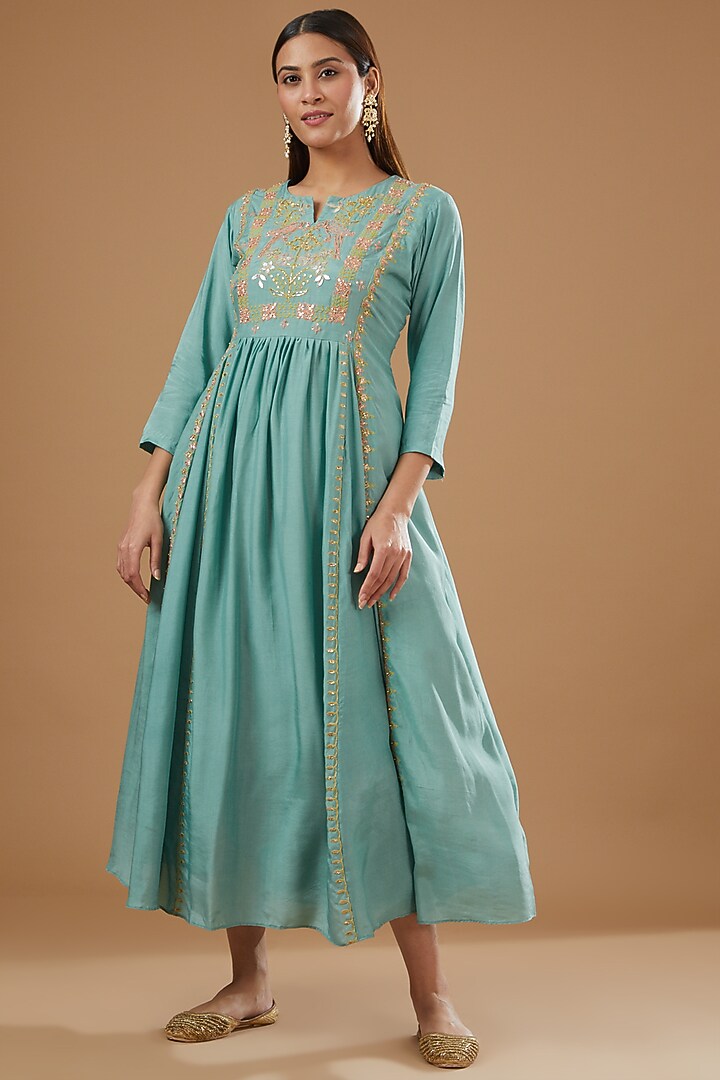 Blue Silk Muslin Embroidered Long Summer Dress by Ojasvini at Pernia's Pop Up Shop