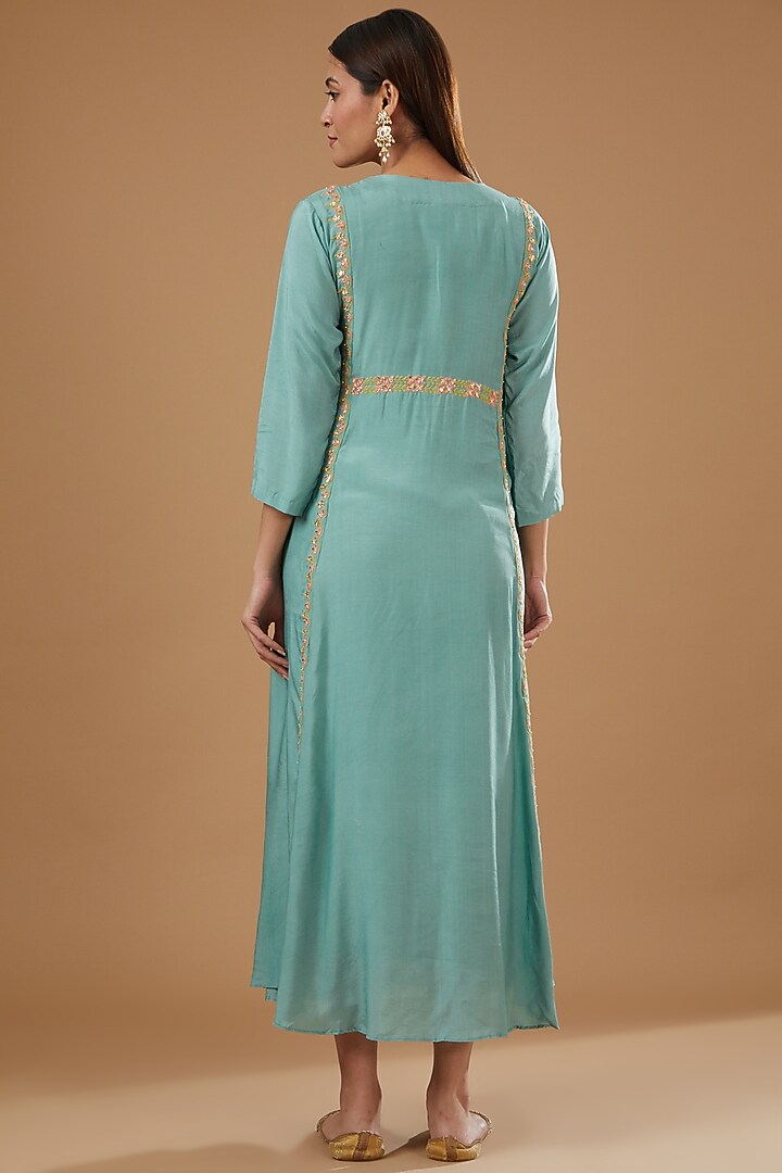 Blue Silk Muslin Embroidered Long Summer Dress by Ojasvini at Pernia's Pop Up Shop